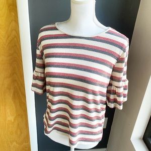 Pleione Striped Ruffles Short Sleeve Top